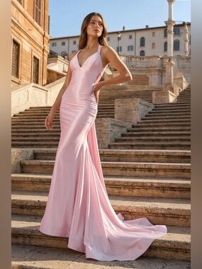 Pink Halter Satin Mermaid Open Back Long Formal Prom Dress